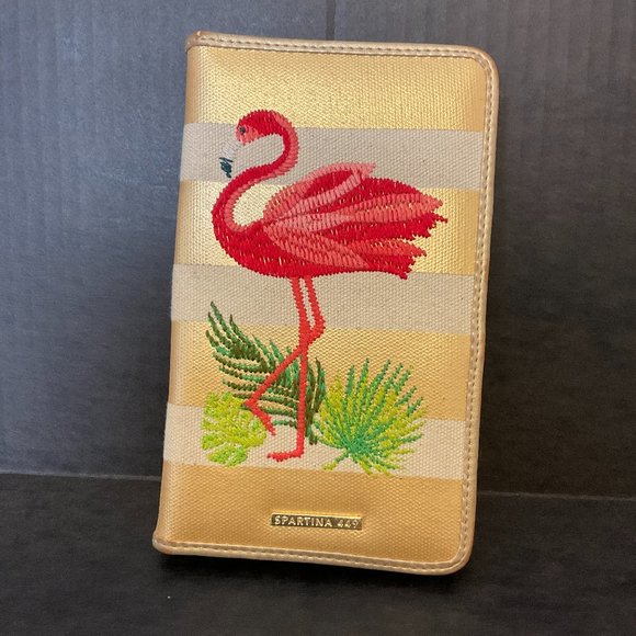 Spartina 449 Handbags - Spartina 449 Gold Cream Stripe Pink Embroidered Flamingo Green Leaf Snaps BiFold